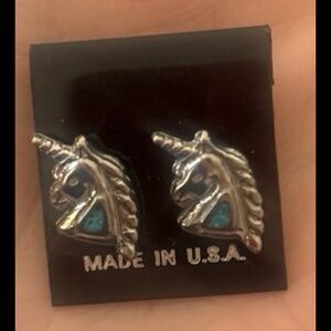 Native sterling silver, turquoise, inlay, unicorn stud earrings